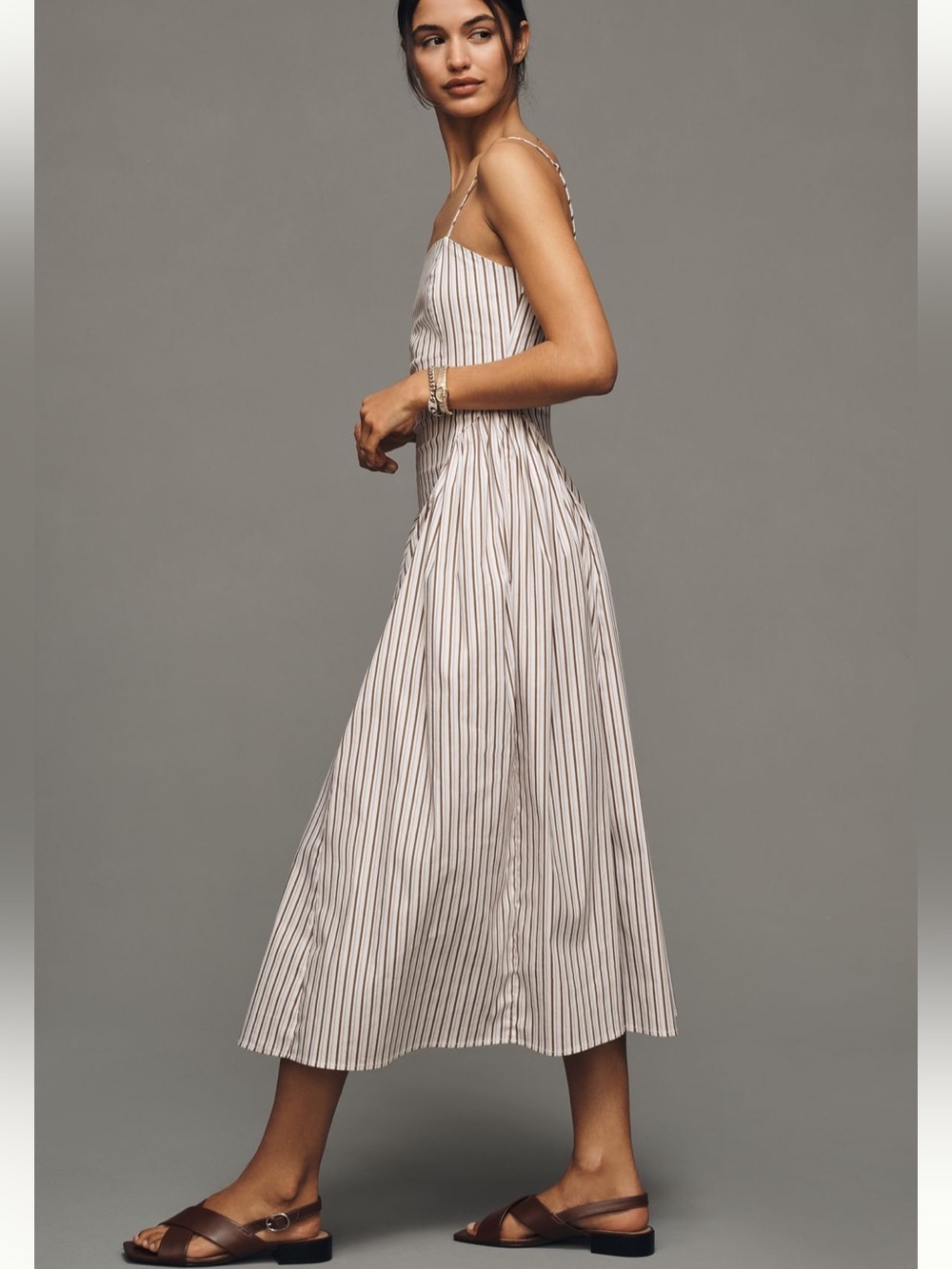 Maeve Anthropologie Brown Pinstripe Midi Dress - Picture 2 of 8